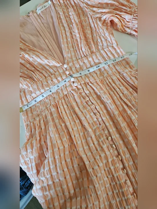 Pearl + Sea Orange Gingham Maxi Dress | Boho V-Neck Button Front Tiered Peach US - Picture 8 of 10